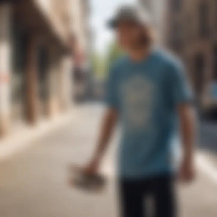 A skateboarder wearing a bell shirt in an urban setting.