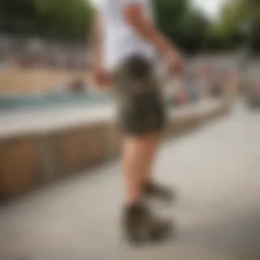 A skateboarder wearing Union Bay camo cargo shorts, demonstrating their functionality in an urban skate park