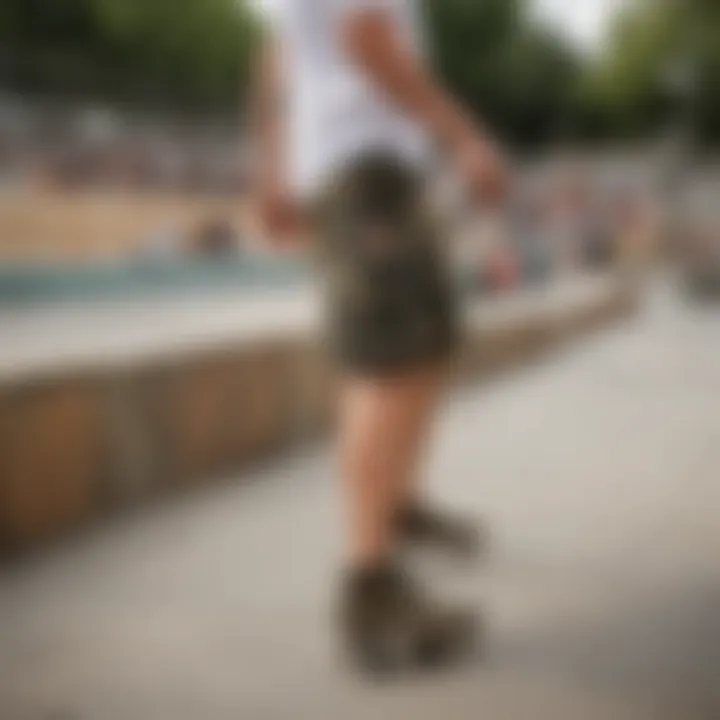 A skateboarder wearing Union Bay camo cargo shorts, demonstrating their functionality in an urban skate park