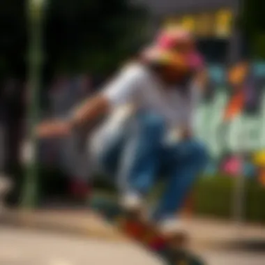 Skateboarding in Style An urban skateboarder sporting a vibrant bucket hat while performing a trick.