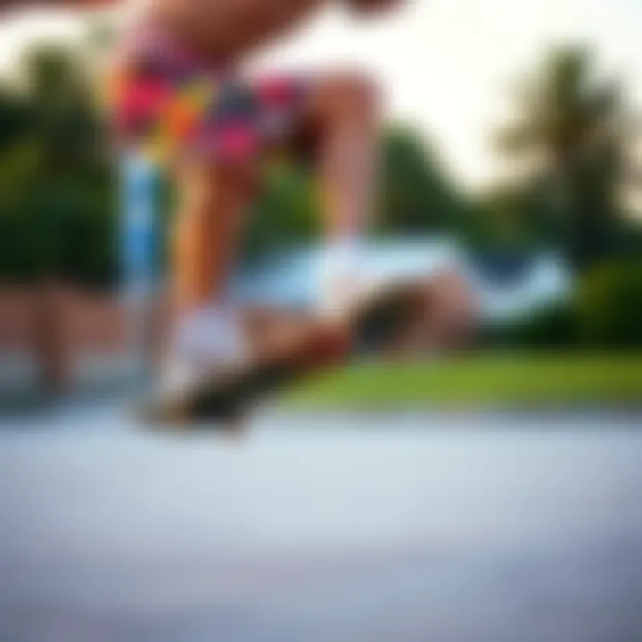 Dynamic Movement and Vibrant Style Skateboarder performing tricks wearing colourful shorts