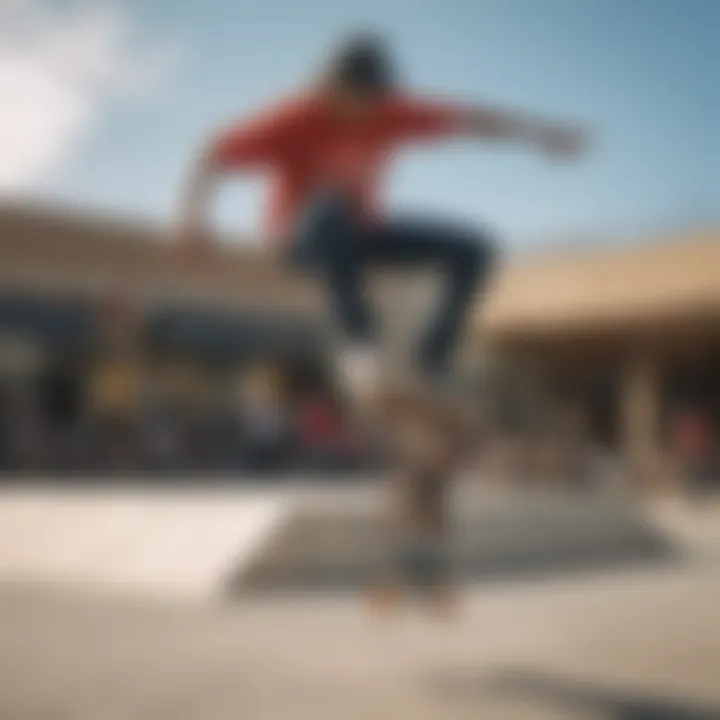 Skateboarder performing tricks near the Vans store