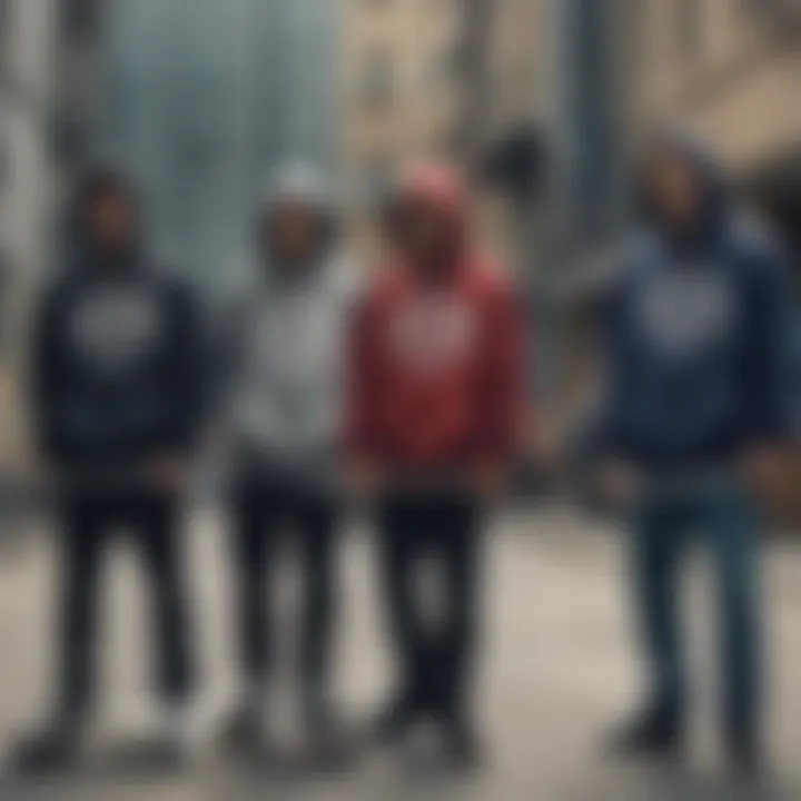 A group of skateboarders wearing hoodies with back text in an urban setting