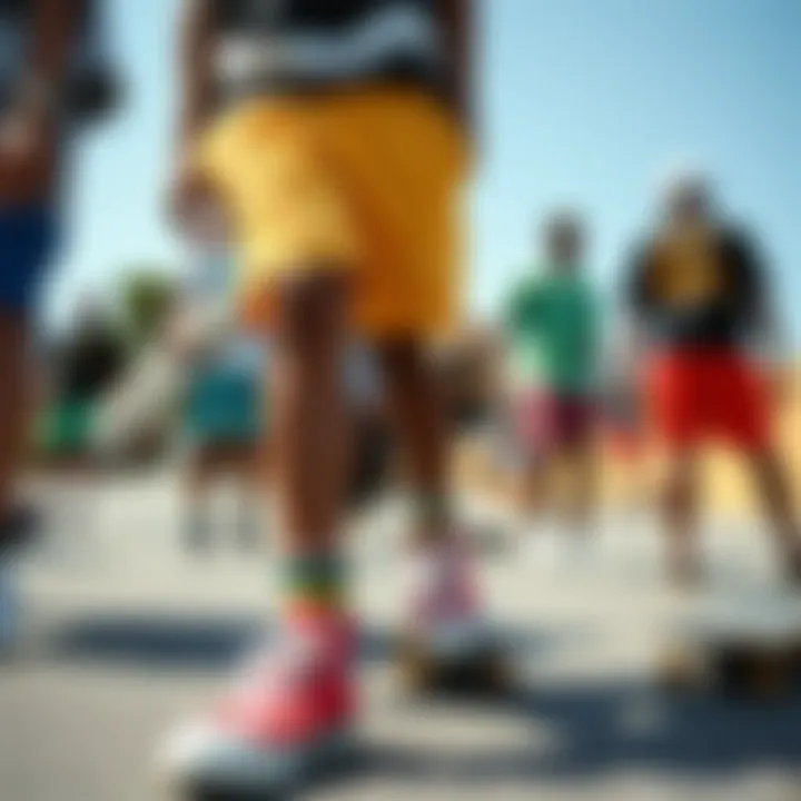 A group of skateboarders wearing colorful Converse shorts, symbolizing community and identity.