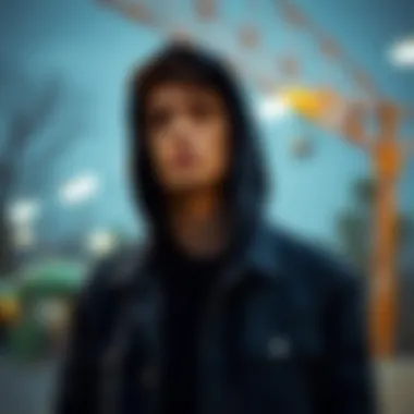 Urban Style in the Skatepark Man wearing a black hooded denim jacket in a skatepark