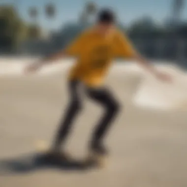 Skater showcasing the gold graphic tee while performing a trick