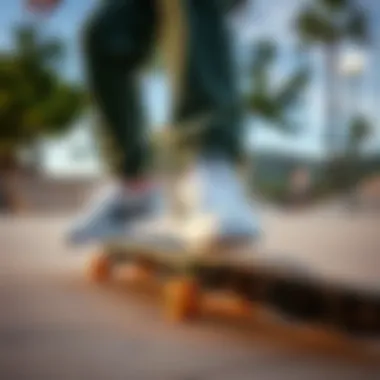 A vibrant skate park scene with a skater performing tricks while wearing Nike Low sneakers.