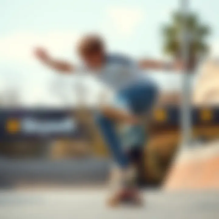 Skateboarding in Style Skater demonstrating a trick while wearing paint splatter skinny jeans