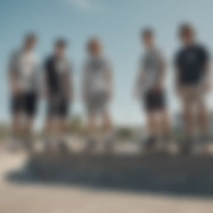 Group of skaters hanging out in a skate park wearing stylish apparel