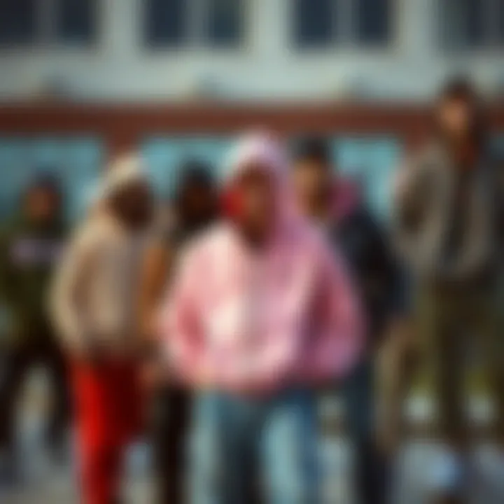 Group of skaters showcasing diverse styles, including pink zip-up hoodies.