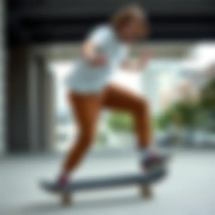 A skateboarder wearing skinny chino joggers in an urban setting, demonstrating flexibility and style