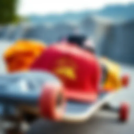 A collection of colorful snapback caps displayed on a skateboard