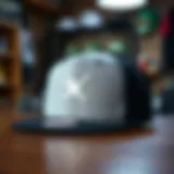 A stylish snapback hat displayed on a wooden table