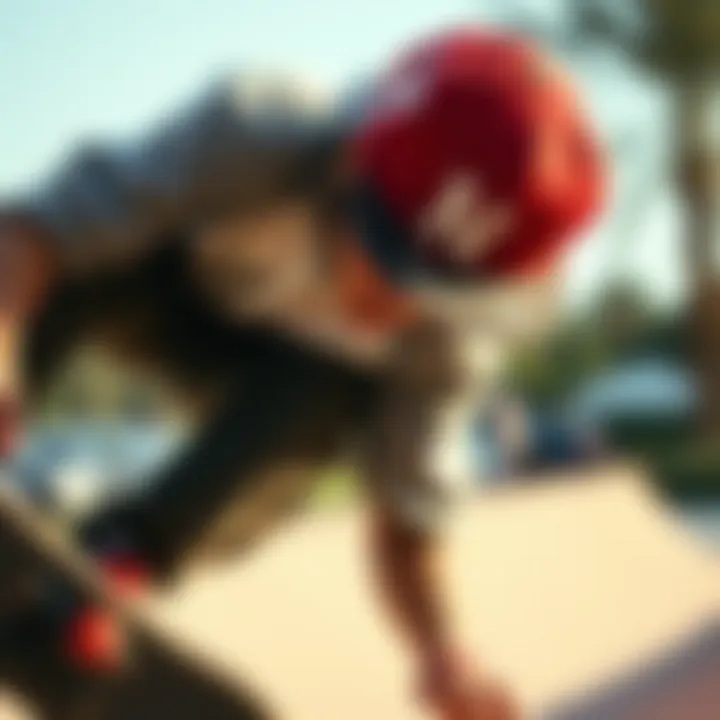 Close-up of a skater wearing a snapback cap while performing a trick