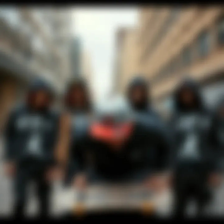 Group of skaters showcasing different snapback designs in an urban setting