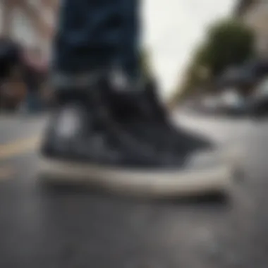 Street scene with skateboarders highlighting black embroidered Converse footwear