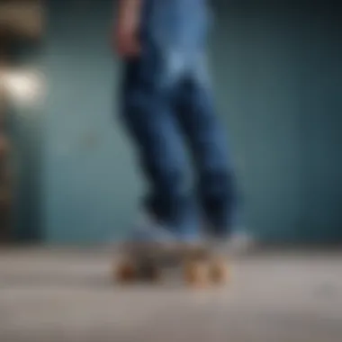 A fashion-forward skateboarder styling loose blue jeans with accessories