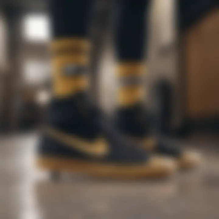 Stylish black and gold Nike socks paired with skate shoes