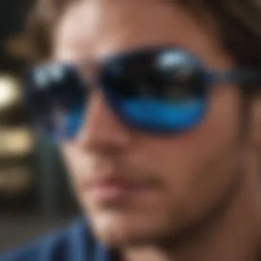 Ray-Ban blue mirror lenses with tech specifications overlay