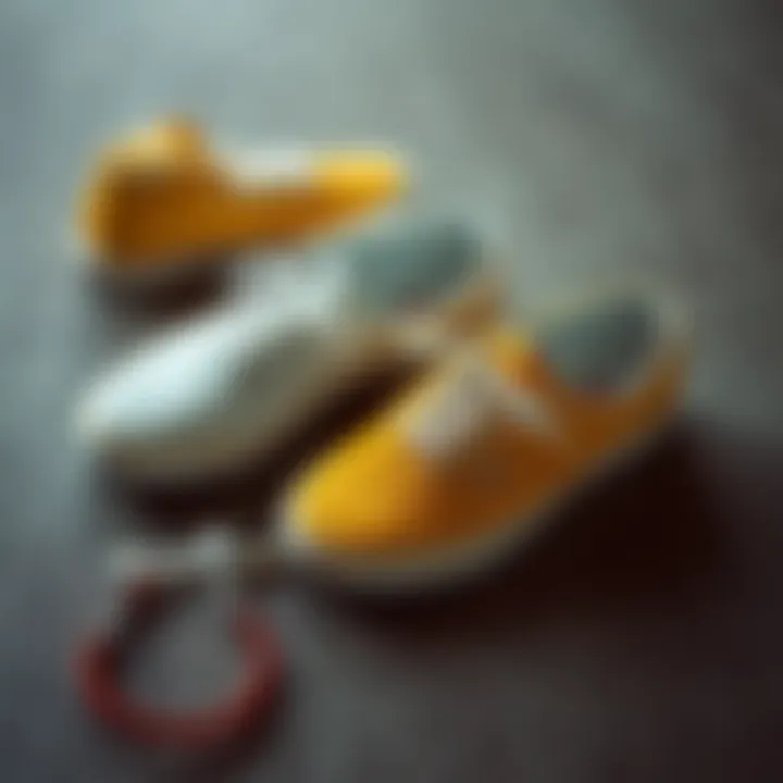 Contrast and Character: A Flat Lay Perspective Flat lay of white and yellow Vans on a textured surface.