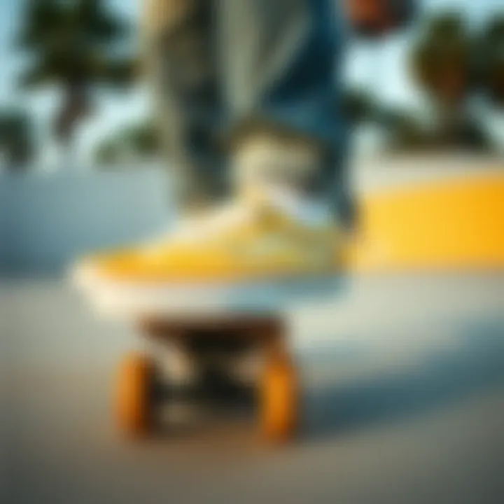 Bold Moves: Yellow Vans in Action Dynamic shot of yellow Vans on a skateboard during a trick.