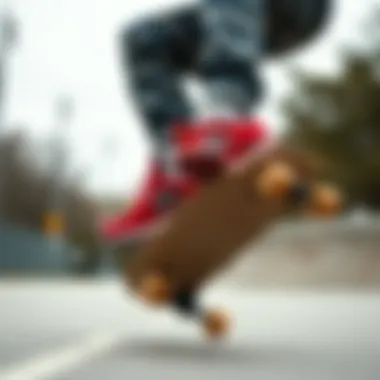 Skate Culture: Embracing Red New Balance Sneakers A skateboarder wearing red New Balance sneakers performing a trick