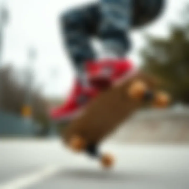 Skate Culture: Embracing Red New Balance Sneakers A skateboarder wearing red New Balance sneakers performing a trick