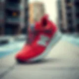 Vibrant red New Balance sneaker showcased on an urban background