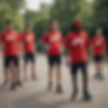 Group of skaters showcasing their unique styles with red Nike T-shirts