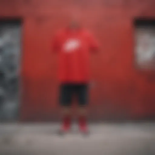 Vibrant red Nike T-shirt displayed against a graffiti backdrop