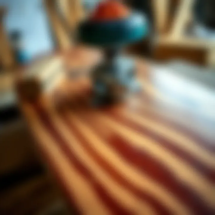 A close-up of skateboard deck construction techniques