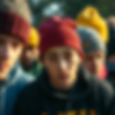 Diverse Beanie Styles in Skate Culture A close-up of various beanie styles worn by skaters, showcasing texture and color diversity.