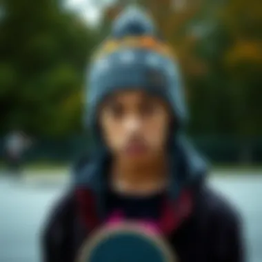 Personal Expression Through Unique Beanie Choices A stylish skater posing with a unique beanie, emphasizing personal expression and identity.
