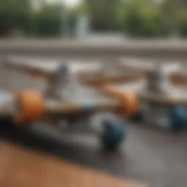 Close-up view of skateboard trucks showcasing different materials