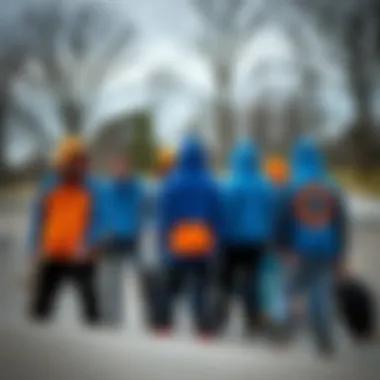 Community and Identity in Skateboarding A group of skateboarders wearing blue and orange hoodies at a skate park.