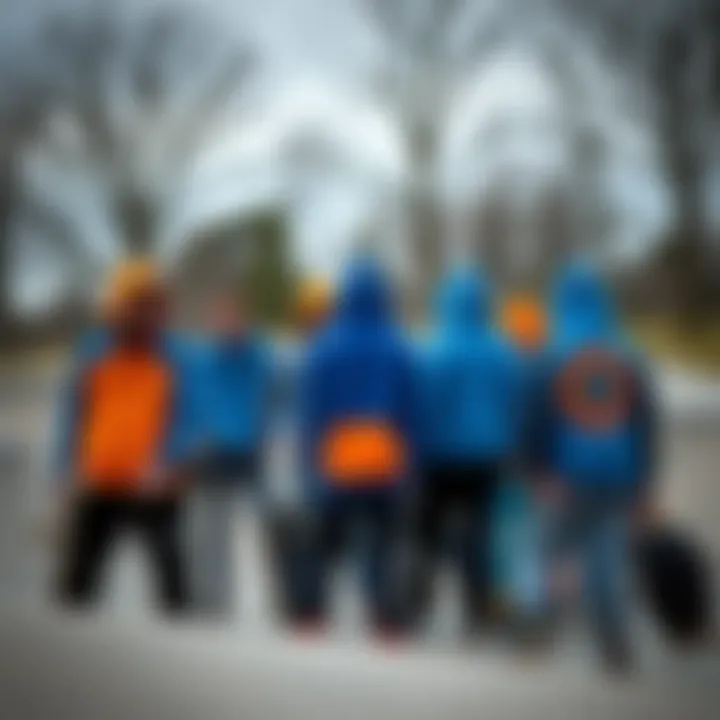 Community and Identity in Skateboarding A group of skateboarders wearing blue and orange hoodies at a skate park.