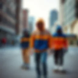 Skaters showcasing the blue and orange hoodie in an urban environment.