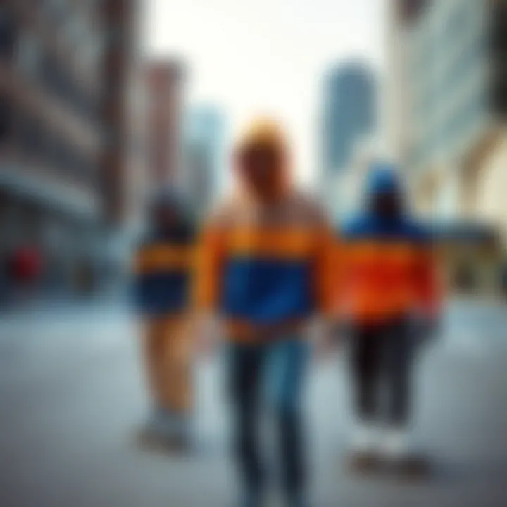 Urban Expression of Skate Culture Skaters showcasing the blue and orange hoodie in an urban environment.