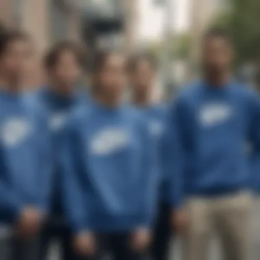 Group of skateboarders wearing blue Nike crewneck sweatshirts in an urban setting