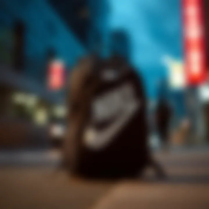 A stylish Nike backpack displayed against a vibrant urban backdrop