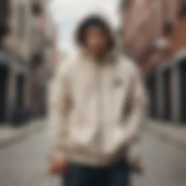 Hoodie displayed on a skateboard with urban background