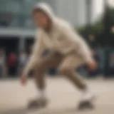 A skater in a cream cropped zip up hoodie performing a trick