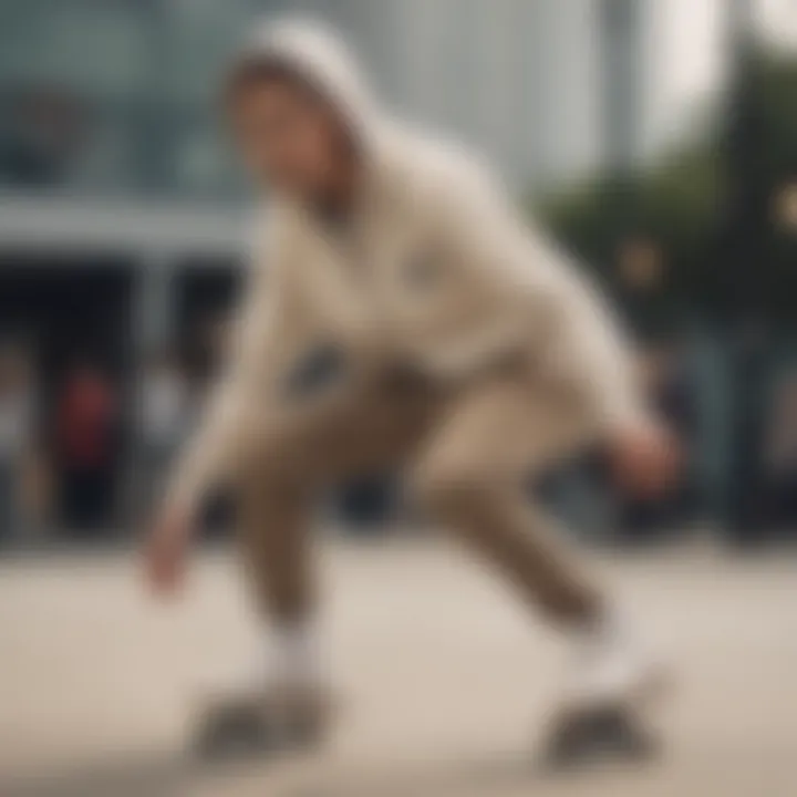 A skater in a cream cropped zip up hoodie performing a trick