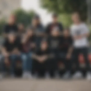 A group of skateboarders gathered, all wearing bandana print Vans