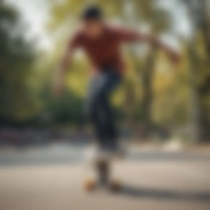 Skater performing tricks in a park, showcasing riding style