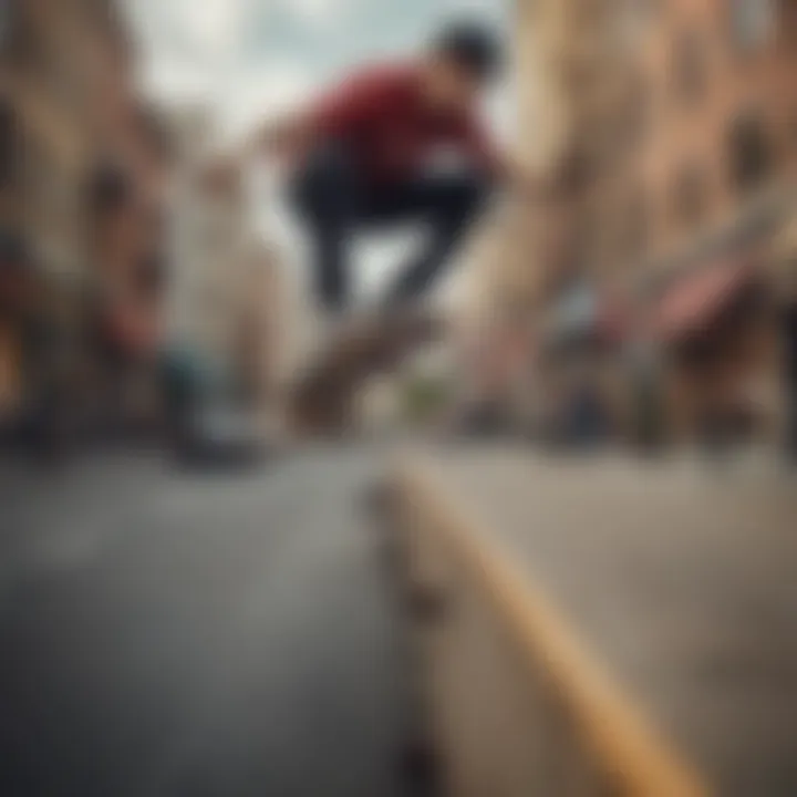 Skater demonstrating advanced riding techniques on a drop through board in an urban environment