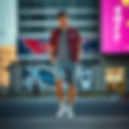 A stylish outfit featuring sweat shorts paired with a casual shirt and sneakers