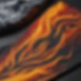 A close-up of a vibrant flame bandana, showcasing its intricate design and colors.