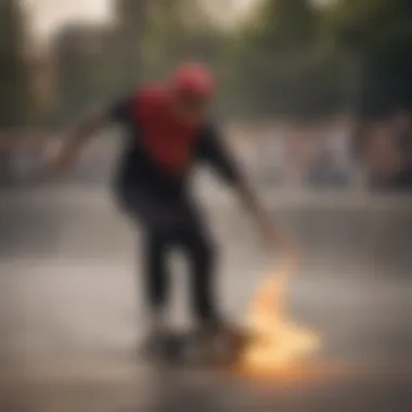 A skateboarder wearing a flame bandana while performing a trick at a skate park.