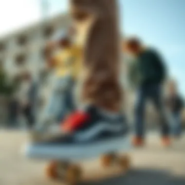 A group of skaters showcasing various styles of classic slip-ons in an urban environment